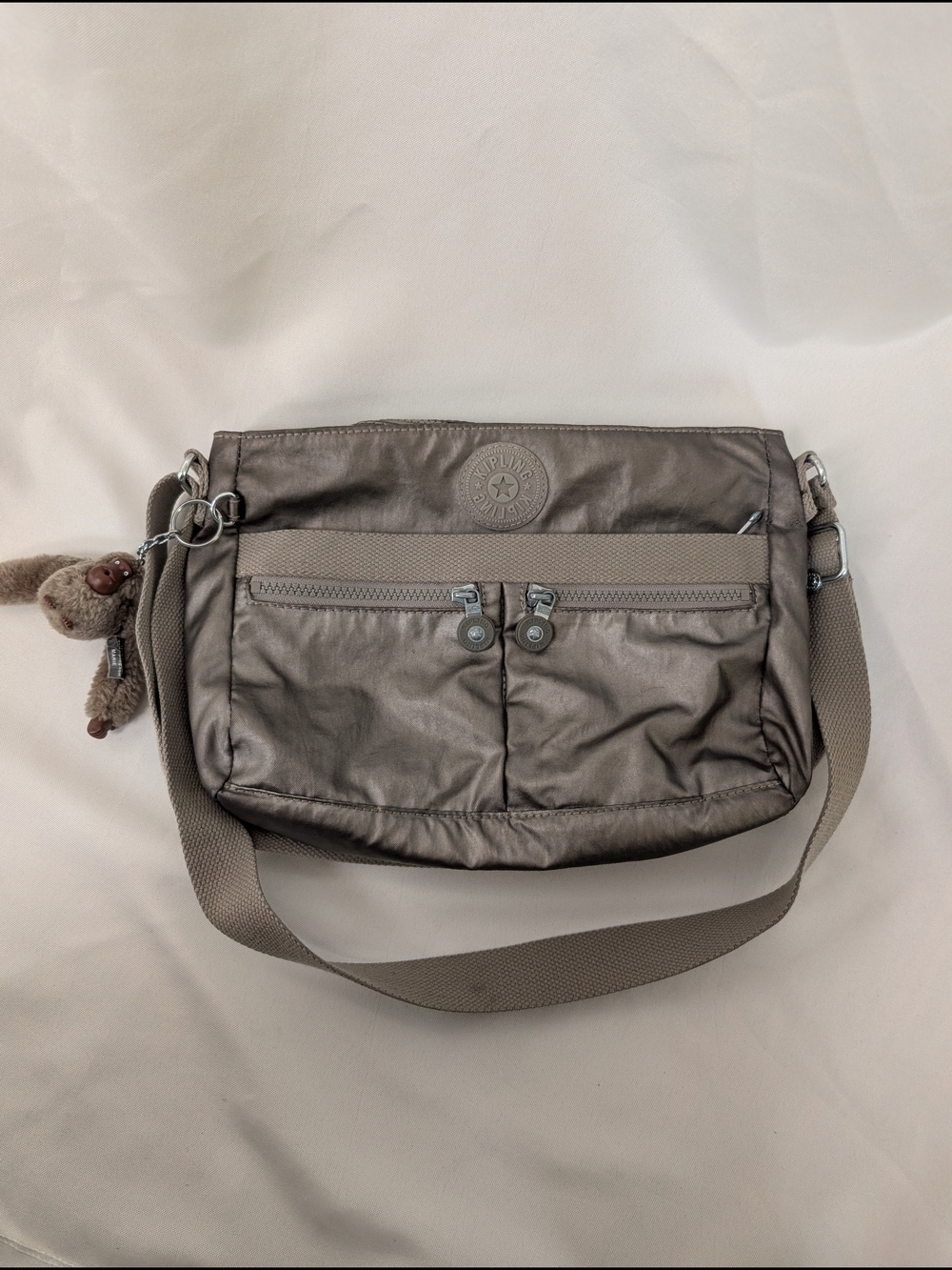 Kipling New Angie Crossbody Bag Metallic Pewter Bronze Monkey Charm